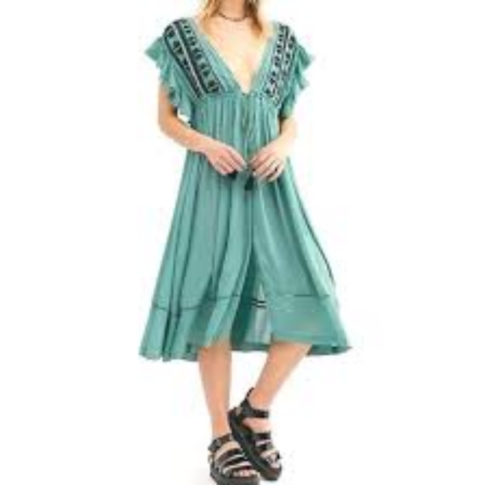 Free People Bali Embroidered Midi Casual Dress Small Turquoise
